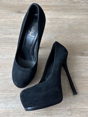 Yves Saint Laurent Black Suede Platform Pumps with High Stiletto Heel 38.5